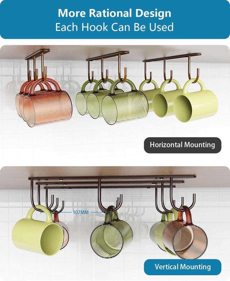 Luckinow 3 Pack Mug Hooks Under Cabinet, Coffee Mug Holder for Hanging Under Shelf, Cup Hanger with 9 Hooks for Displaying Mugs, Coffee Cups and Kitchen Utensils, Brown - Image 4